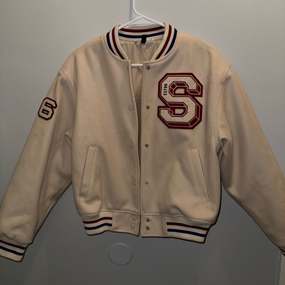 Cream Letterman Jacket with Red 'S' Patch XS